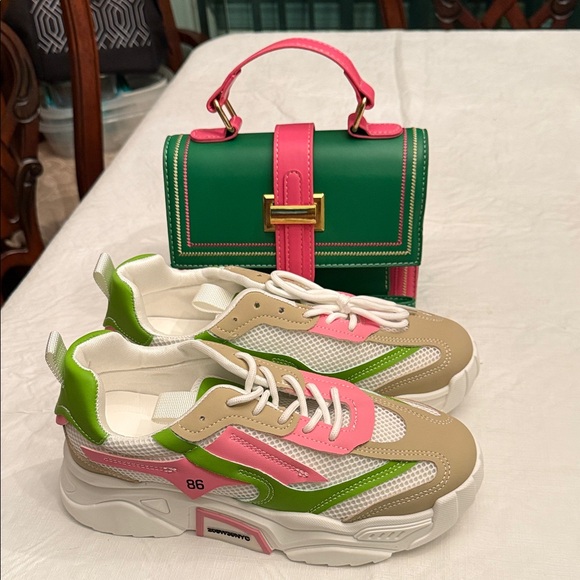 NWOT -Maxoner & Cousou -  Green and Pink Handbag with Sneakers - Picture 1 of 10